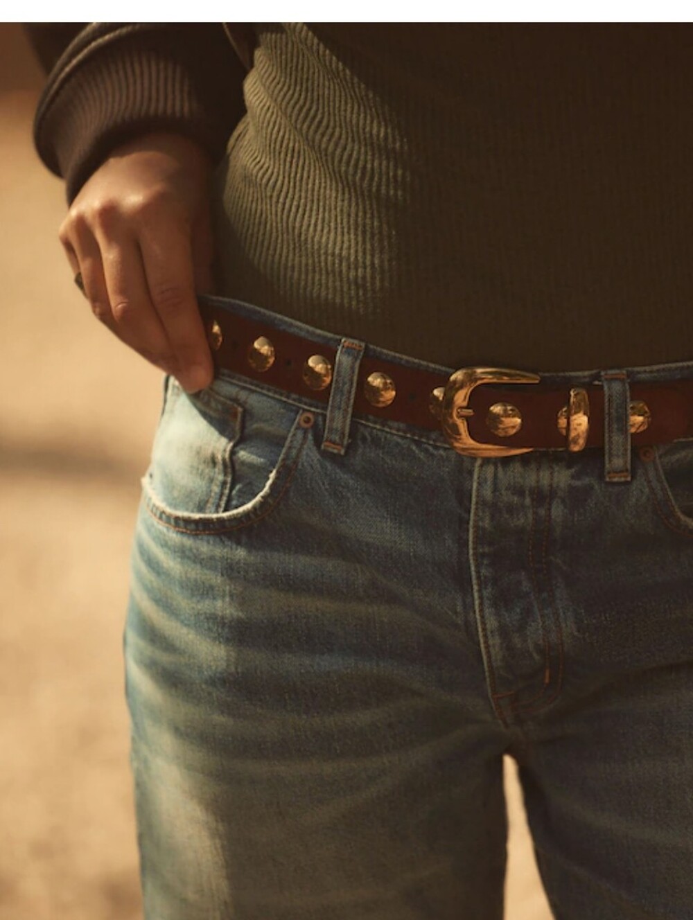 Madewell Brown Leather Belt with Gold Buckle and Studs